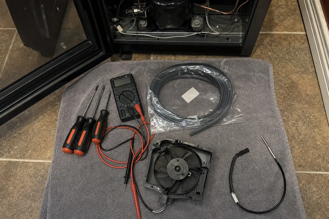Screwdrivers, a multimeter, a replacement fan assembly and a coil of tubing laid out on a mat in front of an opened appliance base