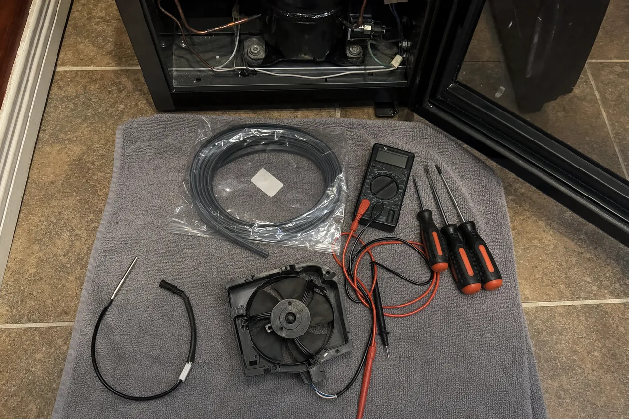 A digital meter and hand tools set out on a towel beside an appliance opened at the base, drain tubing still in its bag