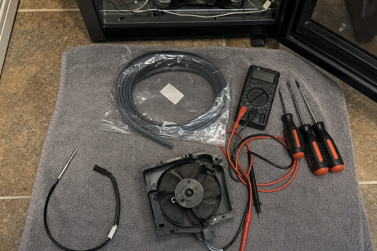 A replacement evaporator fan motor and its shroud lying on a towel beside the tools used to fit it
