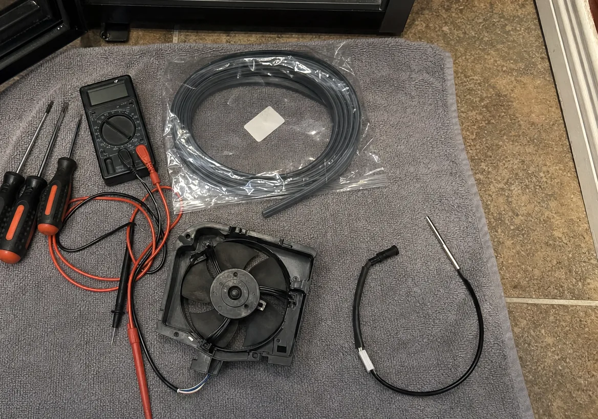A digital multimeter with its red and black leads laid out in front of an opened appliance base