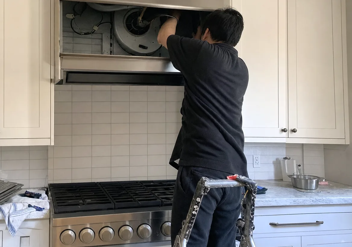 A kitchen with a pro-style gas range and the hood above it opened up for service