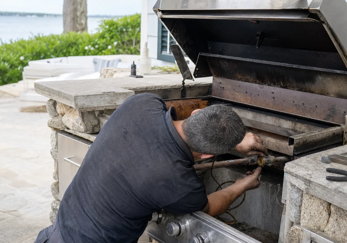 A technician leaning into an open built-in grill on a patio, the lid propped and the burner reachable